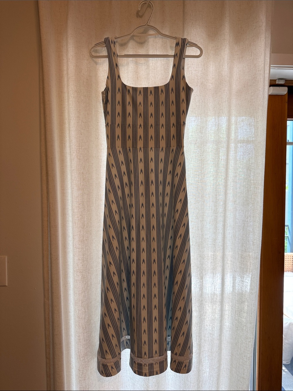 Square neck Midi Dress in Cream and Blue Stripe Pattern